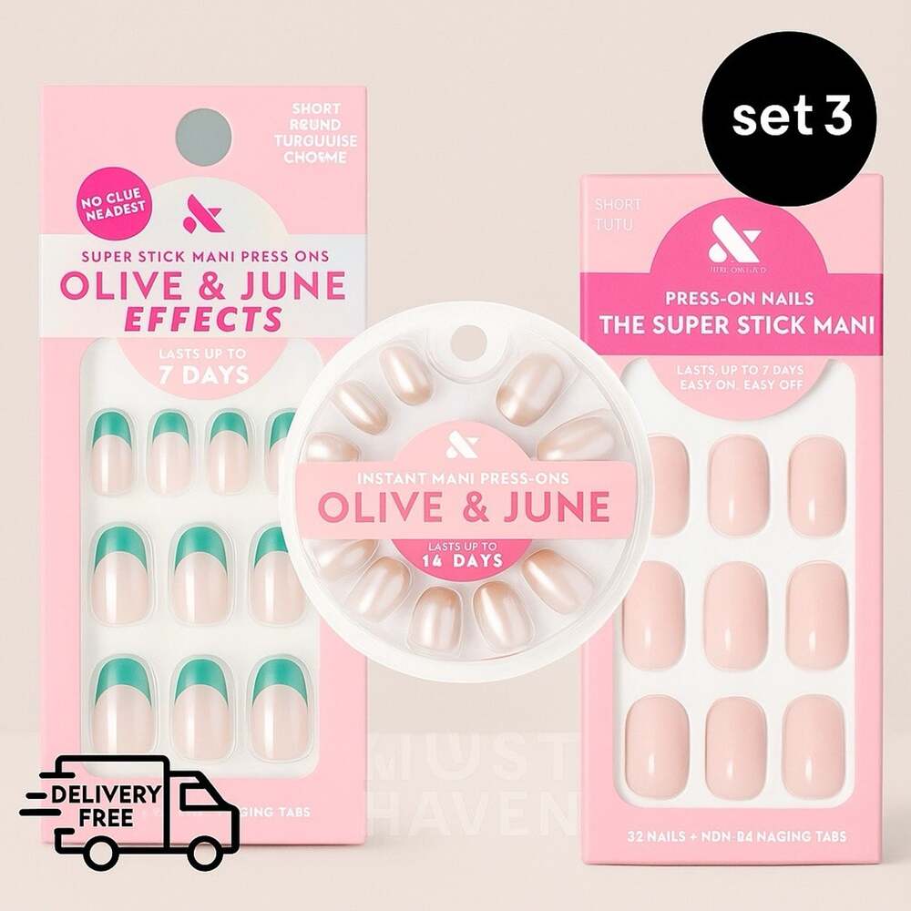 Olive & June Press-On Nails Set of 3 – Nude, French & Glossy Styles